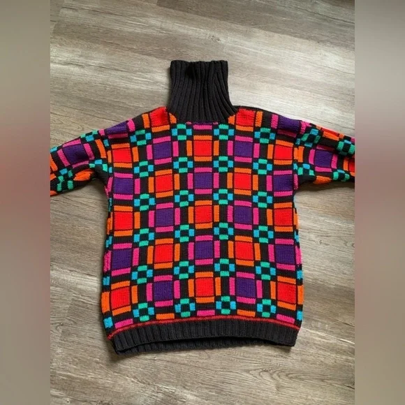 VTG ROBERTA FREYMANN Grandpa Sweater Turtleneck Funky Retro Multi Color Black S - Picture 2 of 8